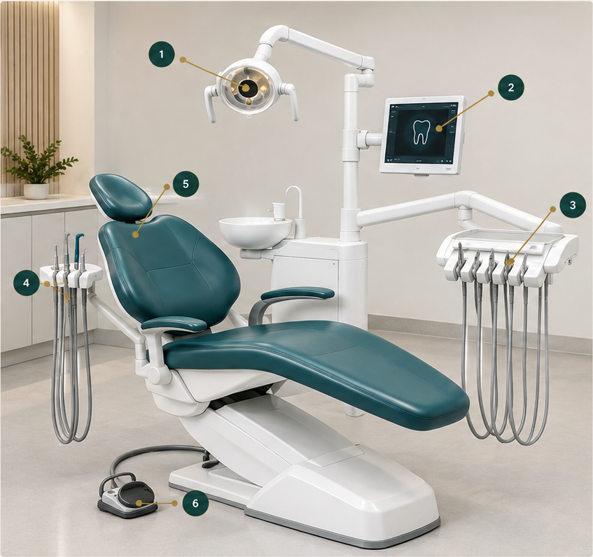 A dental operatory: operating light, chairside monitor, instrument tray, handpiece unit, reclining chair and foot control, each numbered