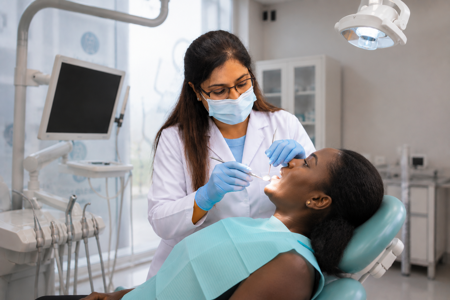 A dentist examining a patient in the ADIC treatment room